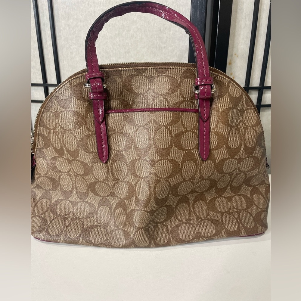 Coach Peyton Signature Cora Domed Satchel Bag Brown Coated Canvas Purple Leather - Picture 3 of 13